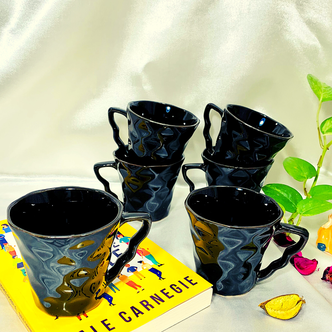 Homefrills Premuim Stoneware Glossy Diamond Patten Black Ceramic Stylish Tea/Coffee Cups Set of 6